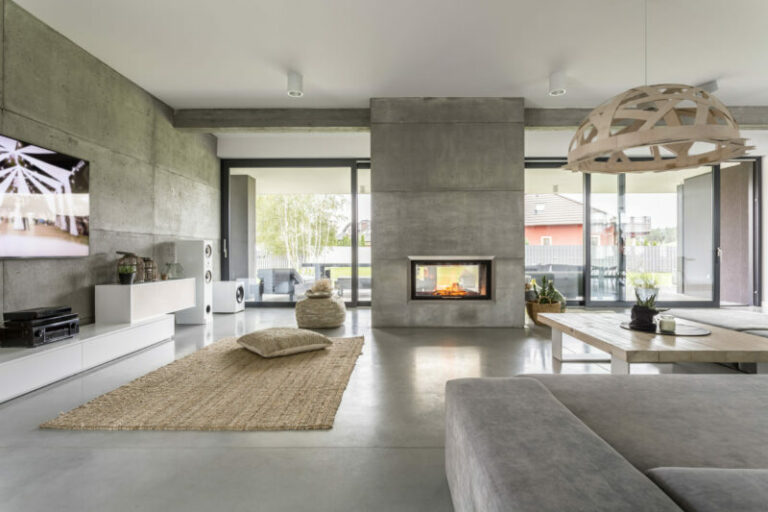 Spacious,Villa,Interior,With,Cement,Wall,Effect,,Fireplace,And,Tv